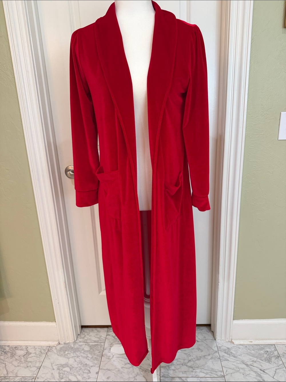 Long Holiday Christmas Red Velvet Duster Jacket or Robe Open Front